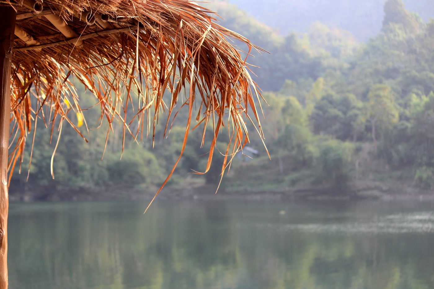 Thatched roof above a still lake